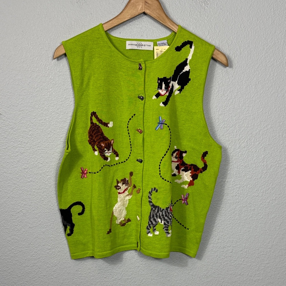 NWT Vintage Marisa Christina Knit Cat Embroidered Vest